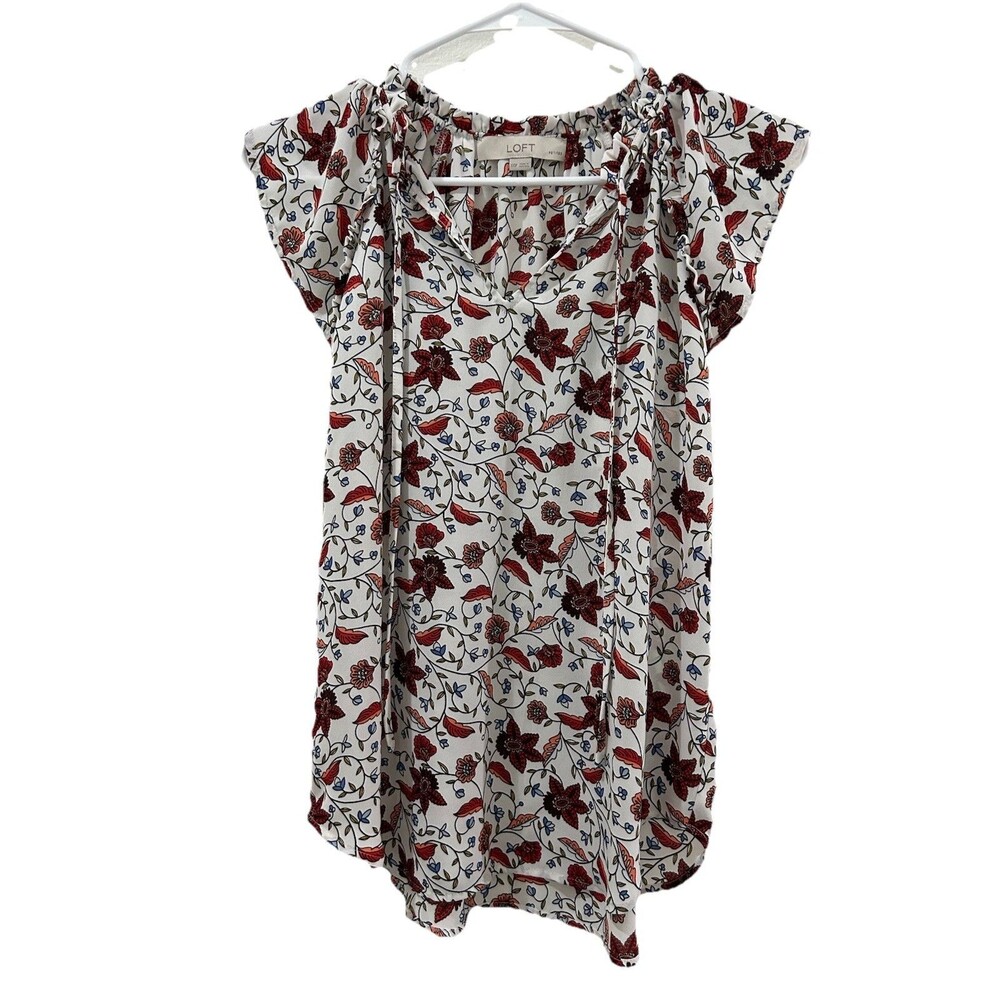 LOFT Womens Size XXSP Sleeveless Floral Blouse Ruffled Neckline Keyhole Tie Neck